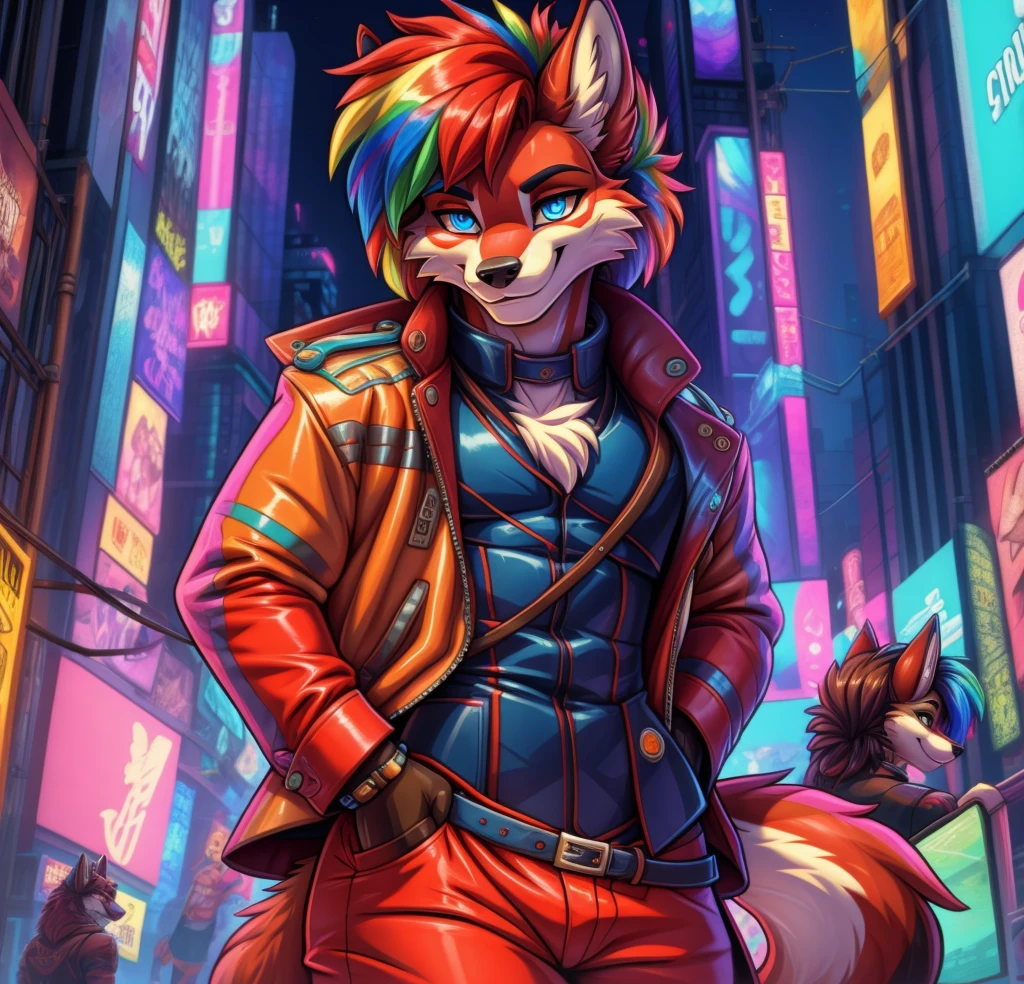 Best quality, Super detailed illustration, cartoon illustration, a furry male wolf, blue eyes, village clothing, detailed face and body, disheveled thick rainbow colored hair, dark red fur, two-tone dark red fur, red wolf tail, blue and yellow striped leather coat, red pants, smug smile, beautifully detailed eyes, against the background of Times Square in the cyberpunk era, retrowave, skinny, wide hips, style