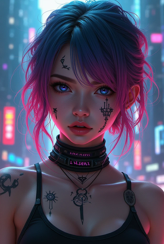 Neon anime sexy lady sexy neon lips sexy neon eyes sexy neon tattoos sexy anime warrior secy neon hairs, Full body, chest tattoo that says 4Ryu