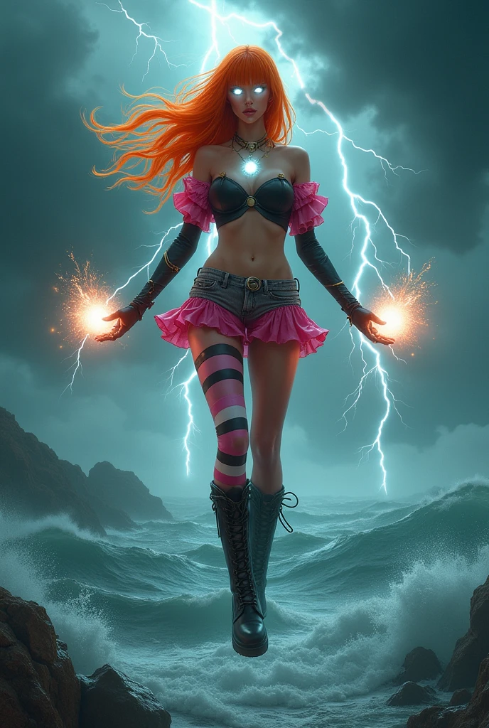 A red-haired woman in a pink bikini and denim skirt, 20cm red heel, with the letter Y of blue fire and the number 7 of blue fire in the hands