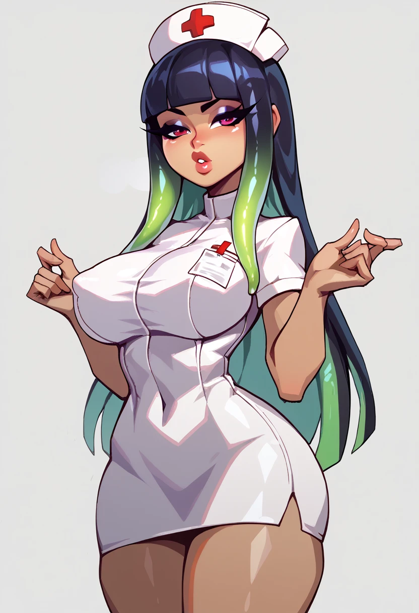 score_9, score_8_up, score_7_up, score_6_up, score_5_up, score_4_up, BREAK 1girl, light green tentacle hair, dark skin, thick lips, long eyelashes, stern expression, standing, blunt bangs, adult, BREAK solo, large breasts, adult, skinny, arched back, thigh gap, wearing nurse outfit, BREAK (office background:1.2), simple background, innocent, lovely, adorable, dynamic pose
