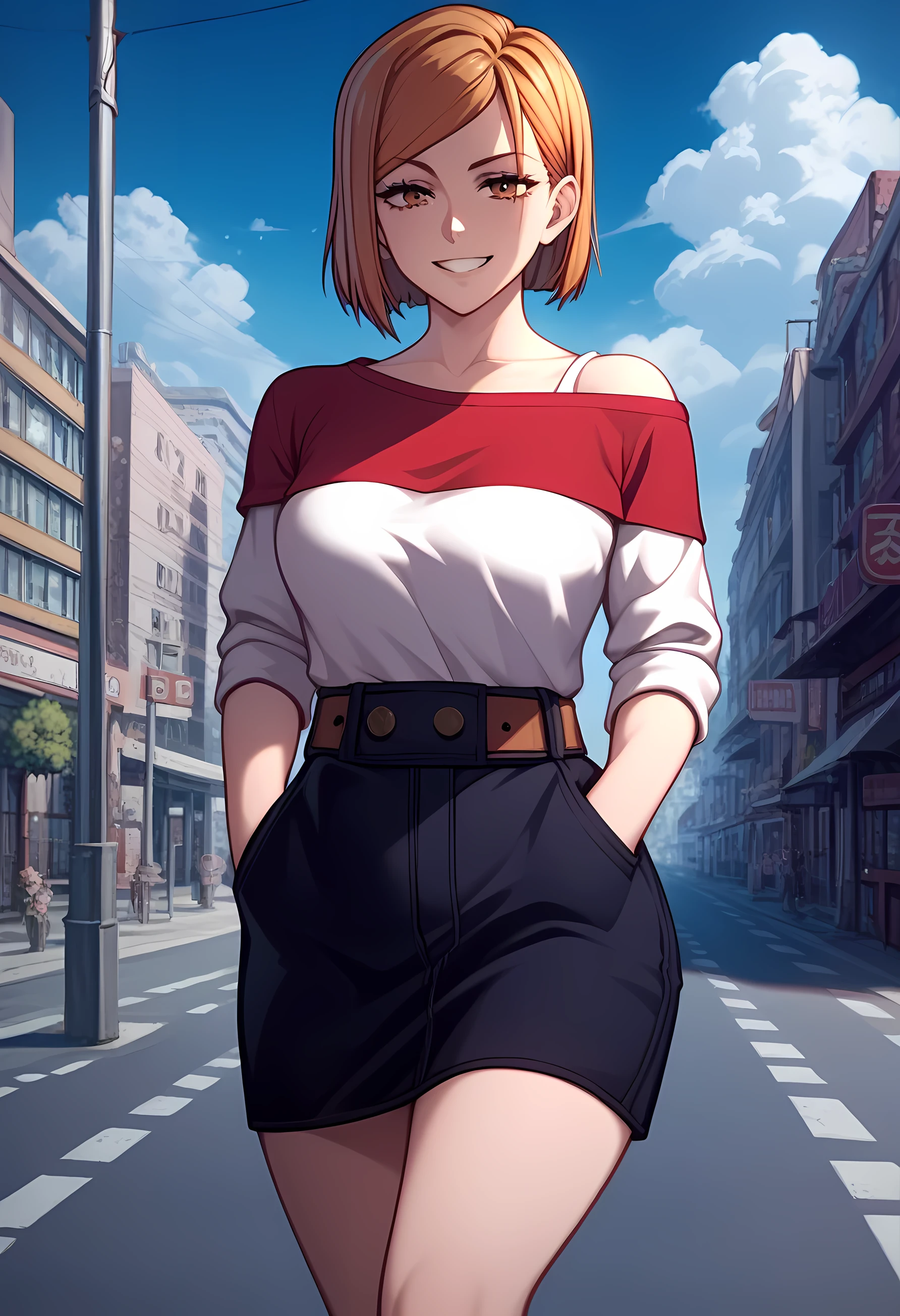 score_9, score_8_up, score_7_up,score_6_up, source_anime, solo, hands in pocket, medium breast, wide hips, sharp gaze, seductive eyes, sakura tree on the side of the road, 1girl, kugisaki nobara, faint smile, looking at viewer , white shirt, off-shoulder shirt, red tight hoodie, knee length skirt, outdoors, city street, blue sky,4K,Detailed,4k highly detailed digital art,masterpiece,best quality,ligne claire,(cool_color),perfect composition,absurdres, {Highest quality}, {so beautiful}, {Very detailed}, {Best illustrations},{uncensored}