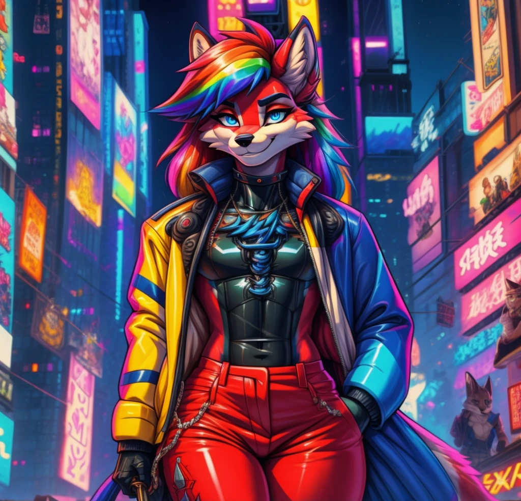 Best quality, Super detailed illustration, cartoon illustration, a furry male wolf, blue eyes, village clothing, detailed face and body, disheveled thick rainbow colored hair, dark red fur, two-tone dark red fur, red wolf tail, blue and yellow striped leather coat, red pants, smug smile, beautifully detailed eyes, against the background of Times Square in the cyberpunk era, retrowave, skinny, wide hips, style