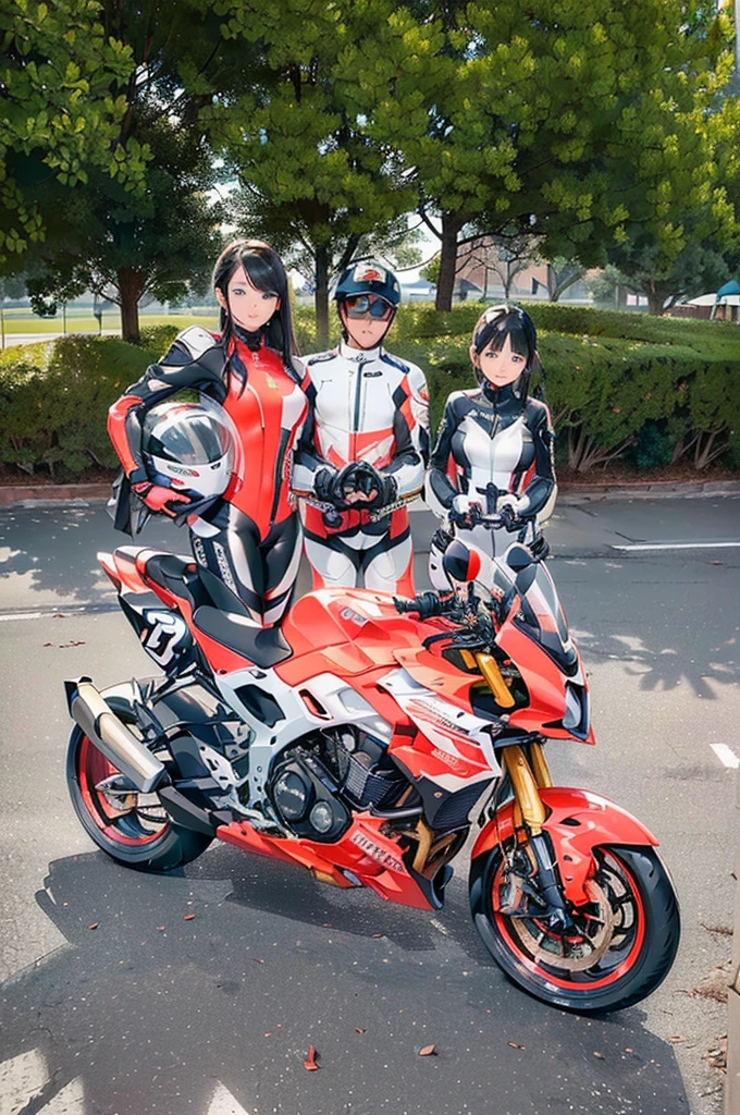 otomo sakura,black hair, red eyes, ponytail,red bikesuit,facial mark <lora:otomoSakura:0.9>