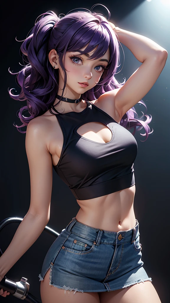 realistic, 1girl, purple hair, purple eyes, glowing eyes, coat, parted lips, blush, gym, abs, muscles, biceps