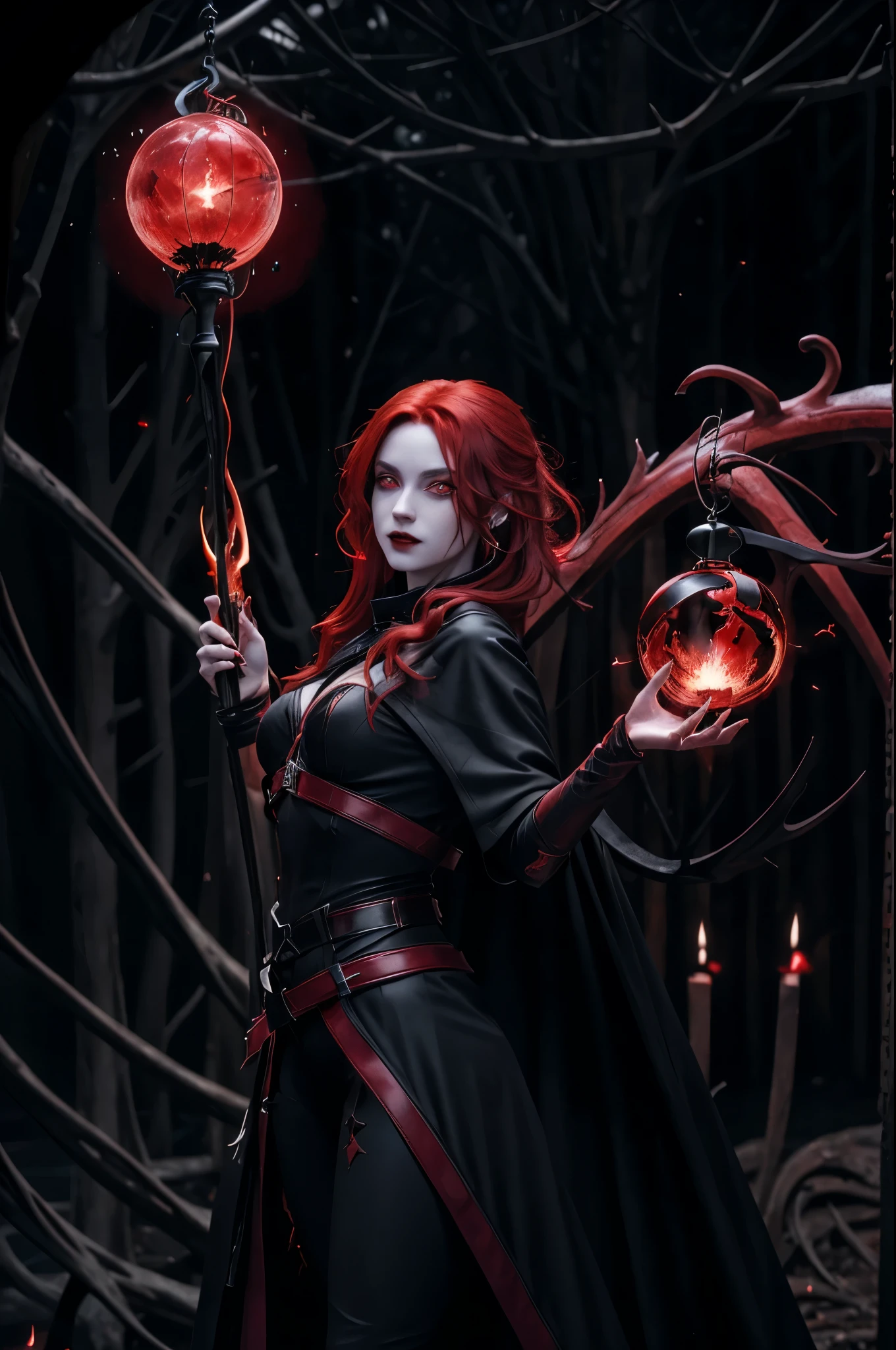 a beautiful vampire with long red hair, glowing eyes, wearing black and red leather, conjuring a flaming sphere in her hand, looking directly at the viewer, detailed facial features, dynamic pose, dramatic lighting, highly detailed, cinematic, photorealistic, 8k, masterpiece, fantasy art