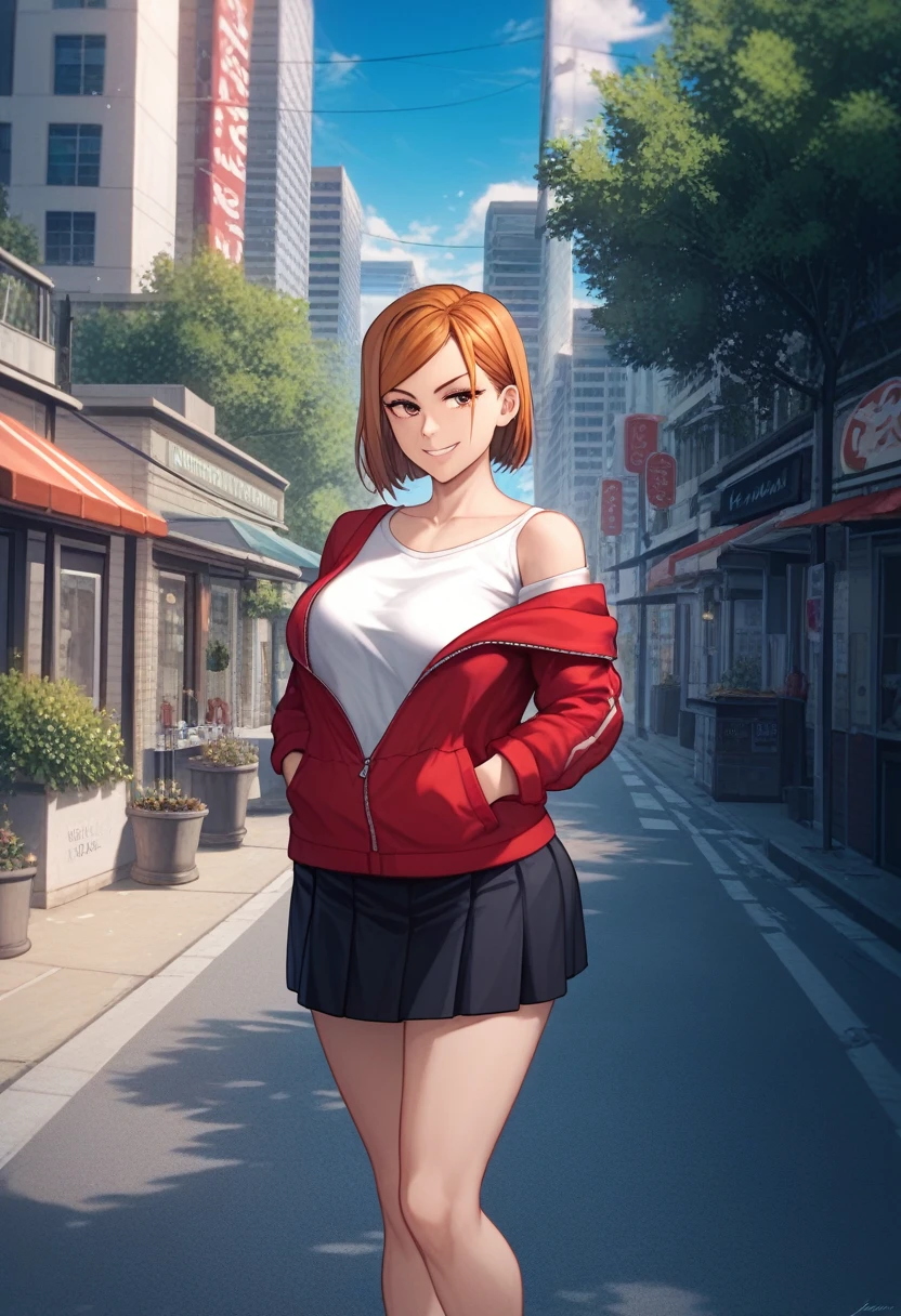 score_9, score_8_up, score_7_up,score_6_up, source_anime, solo, hands in pocket, medium breast, wide hips, sharp gaze, seductive eyes, sakura tree on the side of the road, 1girl, kugisaki nobara, faint smile, looking at viewer , white shirt, off-shoulder shirt, red big hoodie, black knee length skirt, mature women, outdoors, city street, blue sky,4K,Detailed,4k highly detailed digital art,masterpiece,best quality,ligne claire,(cool_color),perfect composition,absurdres, {Highest quality}, {so beautiful}, {Very detailed}, {Best illustrations},{uncensored}