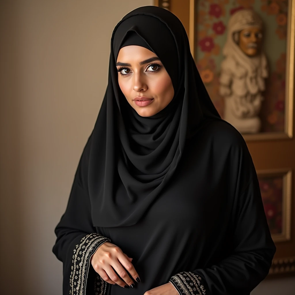 A musilm women with the black partha and sitting on the soffa 