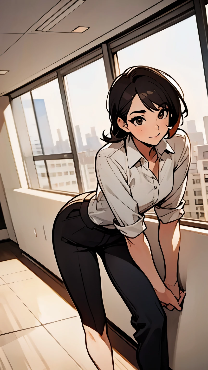 Female section chief, white shirt, business pants, feminine body, office, attractive, high-rise building, window sill, leaning forward