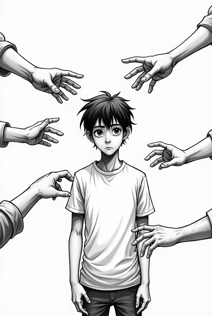 A pencil sketch of a A 19 years old musician sitting down stressed holding a liquor bottle and cigarette and another boy talking to him standing offering him a hand