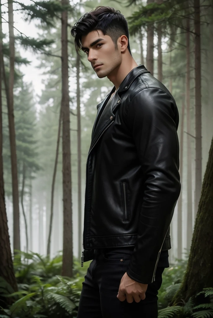 UHD, A thick pine forest shrouded in mist, with the first light of dawn filtering through the trees. A tall, muscular man with broad shoulders and a toned physique walks through the forest, his bare chest visible beneath an open leather jacket. His sharp, smoldering gaze seems to cut through the mist, looking at the viewers with lustful gaze, and his tousled short hair adds to his rugged, natural appeal. The soft moss under his feet and the cool morning air enhance the quiet strength he exudes.