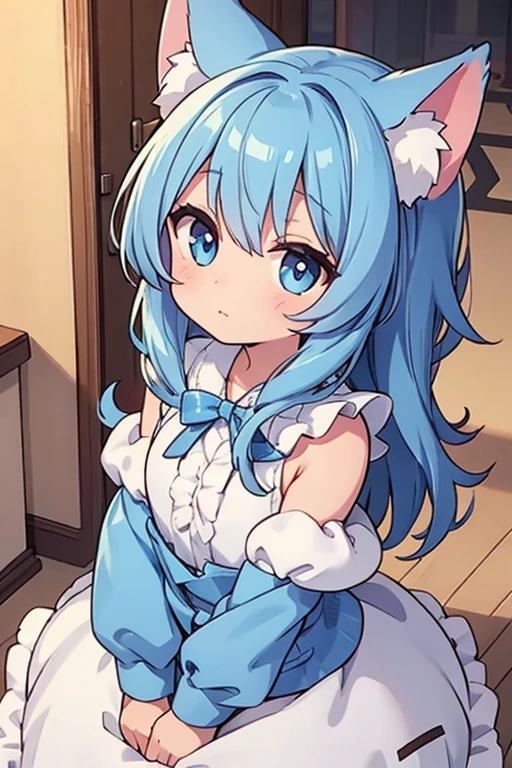 (Masterpiece) (High Detail) (High Res) A close up of a short humanoid girl with pale human skin and blue eyes and long blue hair and blue dog ears and a fluffy blue dog tail and average breasts. She is stood in a wedding venue and is wearing a wedding dress. White mesh wedding dress. White mesh veil. White corset. White Pleated skirt. White tiara. Wedding dress. White heels. She is happy and She has blushing cheeks.