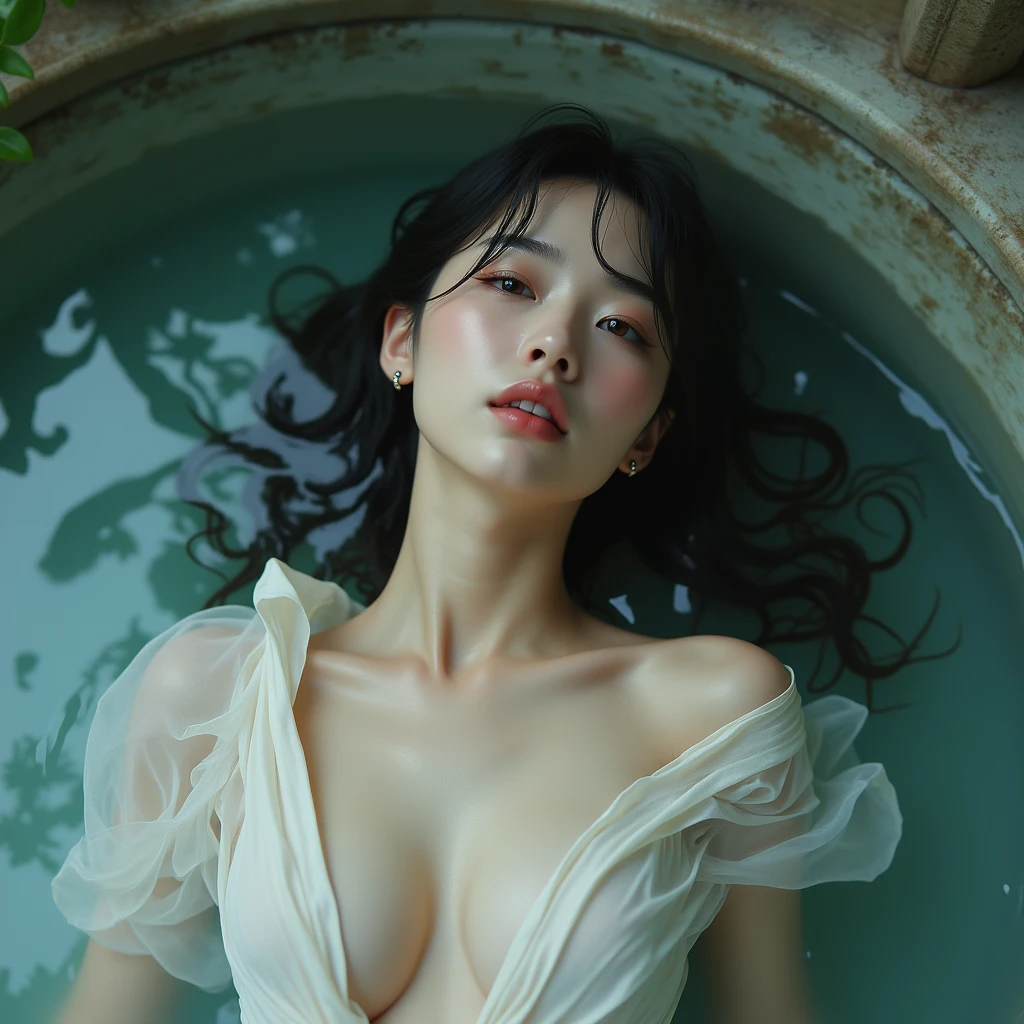 (((Full body image of a woman))),(Model shooting style), (shy), 1 person, Lonely, Shiny black hair、 Extremely rich facial detail, Beautiful Eyes, cute, Slightly red cheeks，bright, Lonely Eyes, Stunning beauty, (Rembrandt Lighting,Loop Lighting,Butterfly Lighting),Shift Lens, ARRI Lenses, Surreal, (Skin with attention to detail:1.2),8k,ARRI ALEXA 35,Promise, Dramatic Rim Light,Sparkle Effect, high quality,Very delicate and beautiful, wonderful, In detail, masterpiece, Very detailed, High resolution,Best Shot, ((Best Shadow)),Exquisite contrast,Complex,Sharp focus, high quality, 1 Japan woman, alone.cute,Yoshika Matsuda,Grand oasis,Splashes of sweat,Wet,Lens flare,No sleeve,Frills,Beautiful breasts,Swallowtail butterfly,A butterfly flutters,Cool eyes,Glossy Lips,An ennui smile,Glowing Skin,Transparent skin,From above,((Open your arms)),Waistline,Beautiful nipples,((No shirt, Very good, Naked underneath, Bare chest, Barely covering her nipples)),((Wet, Her clothes are transparent, Her body and skin sweat)),((View from the rear, From above見た図, Bare back)),Bloom, Flowers are blooming everywhere,Front blur,Lens flare,Sparkling Eyes,Vivid Rouge,Combat mecha legs