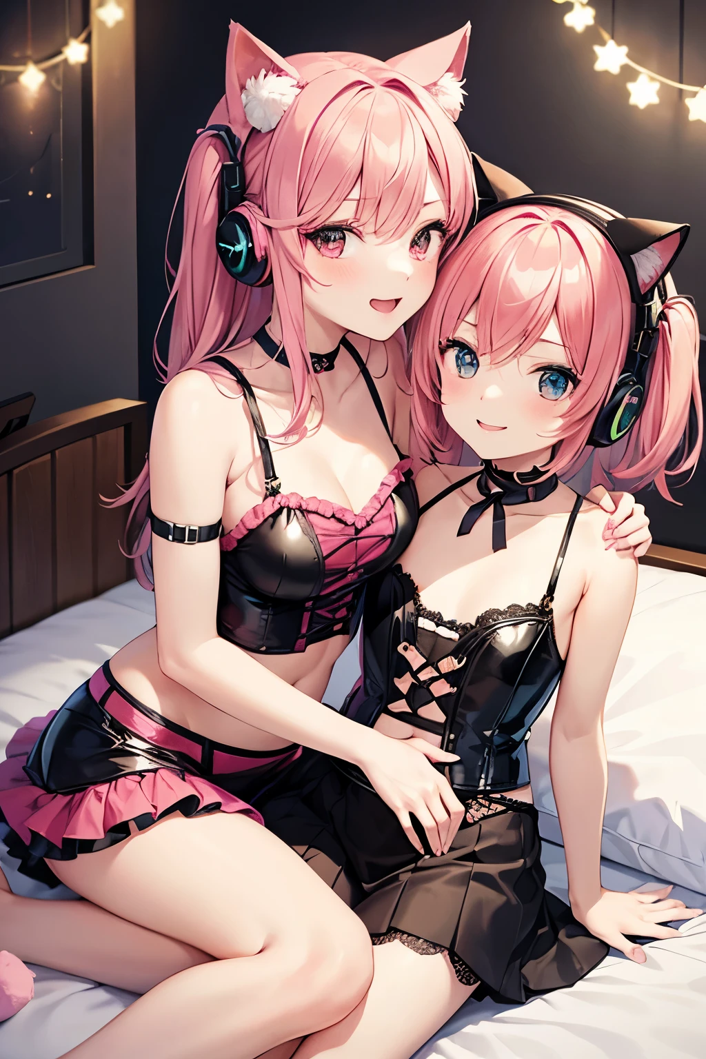 realisitic、top-quality、2girls、Black wavy twin tails ,Protruding tongue, Heart shaped pupils, orgasm , Pink Sequin Bikini ,Big breasts、all-fours