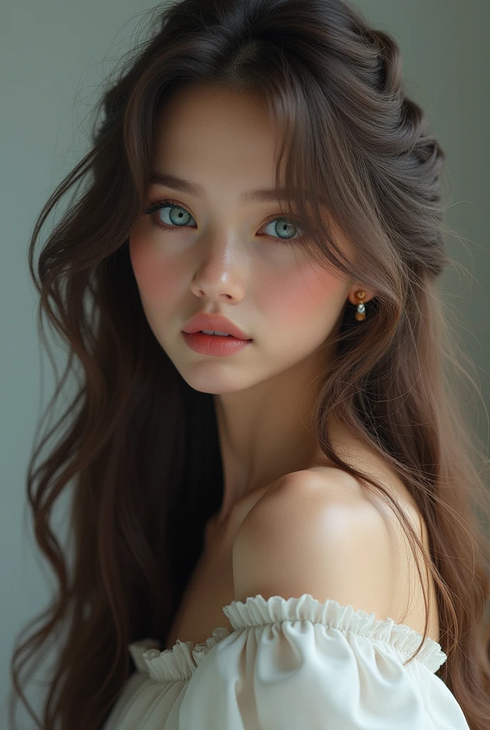 A beautiful girl with long brown hair and blue eyes
