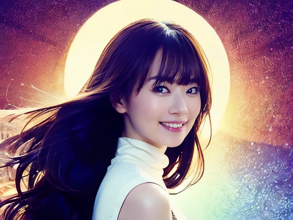 ultra HD, masterpiece, Highest quality, Just One Girl, very pretty,Nice face, Detailed eyes, Lol, Glossy Lips, Detailed eyes, beautiful, sweet, sun glare, Turtle neck white  dress, Depth of written boundary, Blurred Background, with a cathedral background, Particles of light, very Long Hair、bangs,At church,crying with smile