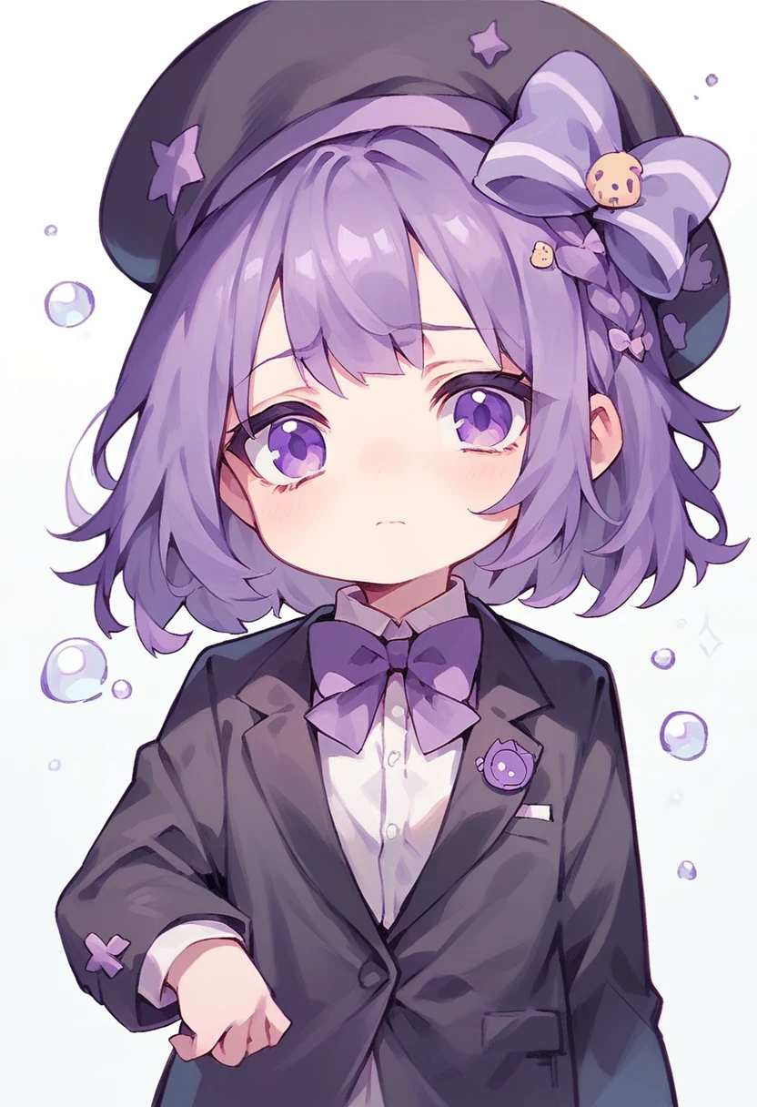 (chibi), 1girl, solo, black hat with purple stripe, black suit, bow on hat, bow tie, purple hair, purple eyes, looking at viewer, (sad:1.2)