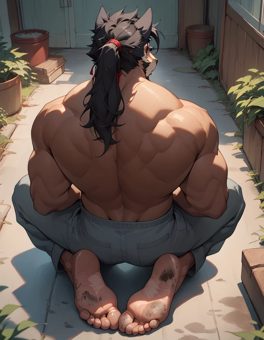 big, furry, muscular male, black wolf, ponytail black hair, mature man, kneeling, barefoot, dirty feet, wearing a judogi, no shoes, sole visible, foot focus, high angle view, backshot view