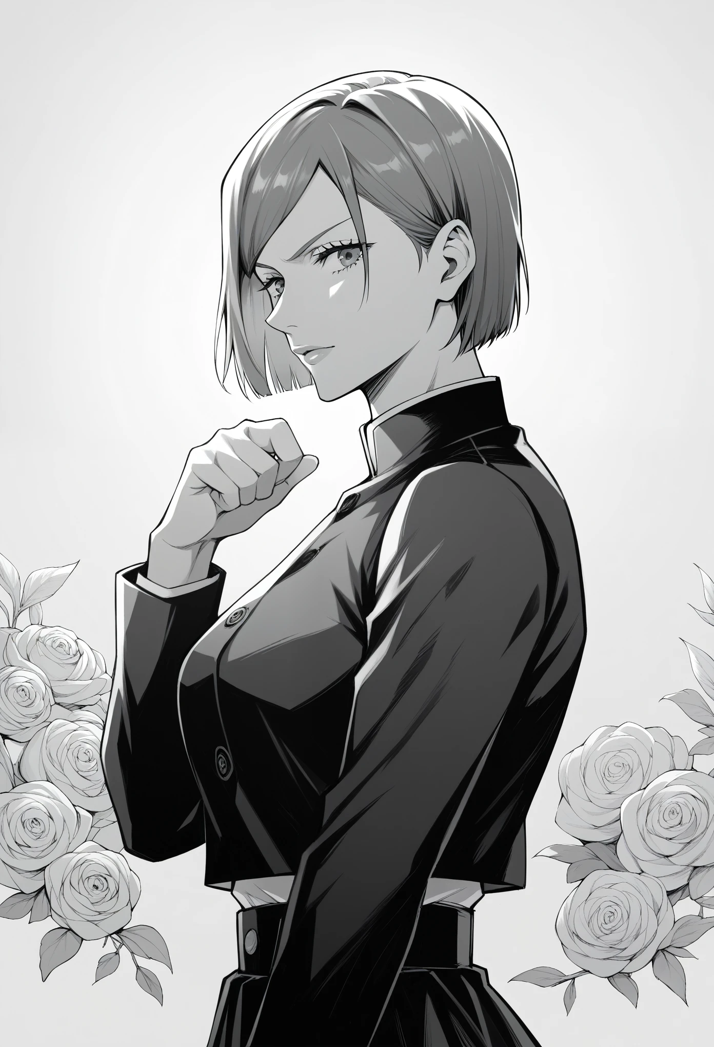 score_9, score_8_up, score_7_up, score_6_up, 1girl. greyscale, nobara kugisaki, bob cut, short hair, manga style, anime aesthetic, expressive faces, bold outlines, detailed background, dynamic pose, seinen style, cross-hatching, high resolution, high quality, ultra detailed, super defined, sharp focus, crisp lines, ultra realistic, perfect lighting, perfect composition, perfect proportions, perfect perspective, perfect colors, perfect mood
