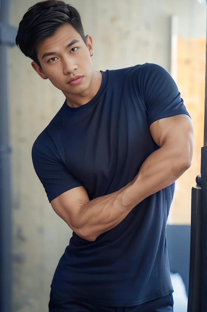 Angle from below , (armface:1.3) , Handsome man standing, (have a mustache:0.8) , (Short hair:1.2), (Tight T-shirt:1.2), (Navy blue shirt:1.5),black pants, Big muscles, Handsome and muscular, full body angle, (Pull up your shirt:1.1) ,(Blurred background:1.5)