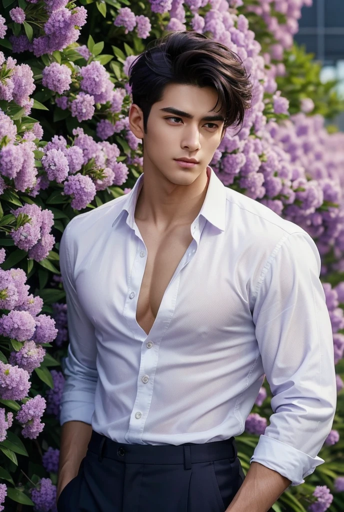 UHD, Endless rows of lavender stretch out under a bright, sunny sky, and amidst the vibrant purple blooms stands a handsome man with a lean, muscular build. His shirt is unbuttoned, revealing his defined abs and chest, his tanned skin glowing in the warm sunlight. His intense, captivating gaze meets the viewer as he stands among the fragrant flowers, the soft breeze carrying the scent of lavender while ruffling his hair slightly. His presence adds an irresistible allure to the already beautiful scene. Light focus on the man from front,