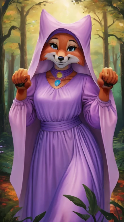 (1girl, solo, fox), highly insanely detailed, masterpiece, top quality, best quality, highres, 4k, 8k, RAW photo),((Cowboy shot)),((Paw pose)),From the front, symmetrical composition,smile,cute,Innocent,Kind eyes,(Tsukasa Hojo Style),forest,(CARTOON_MaidMarian_ownwaifu), standing, dress, long sleeves, purple dress, veil, choker, jewelry, brooch, hood up, long dress, belt, gem, puffy sleeves,