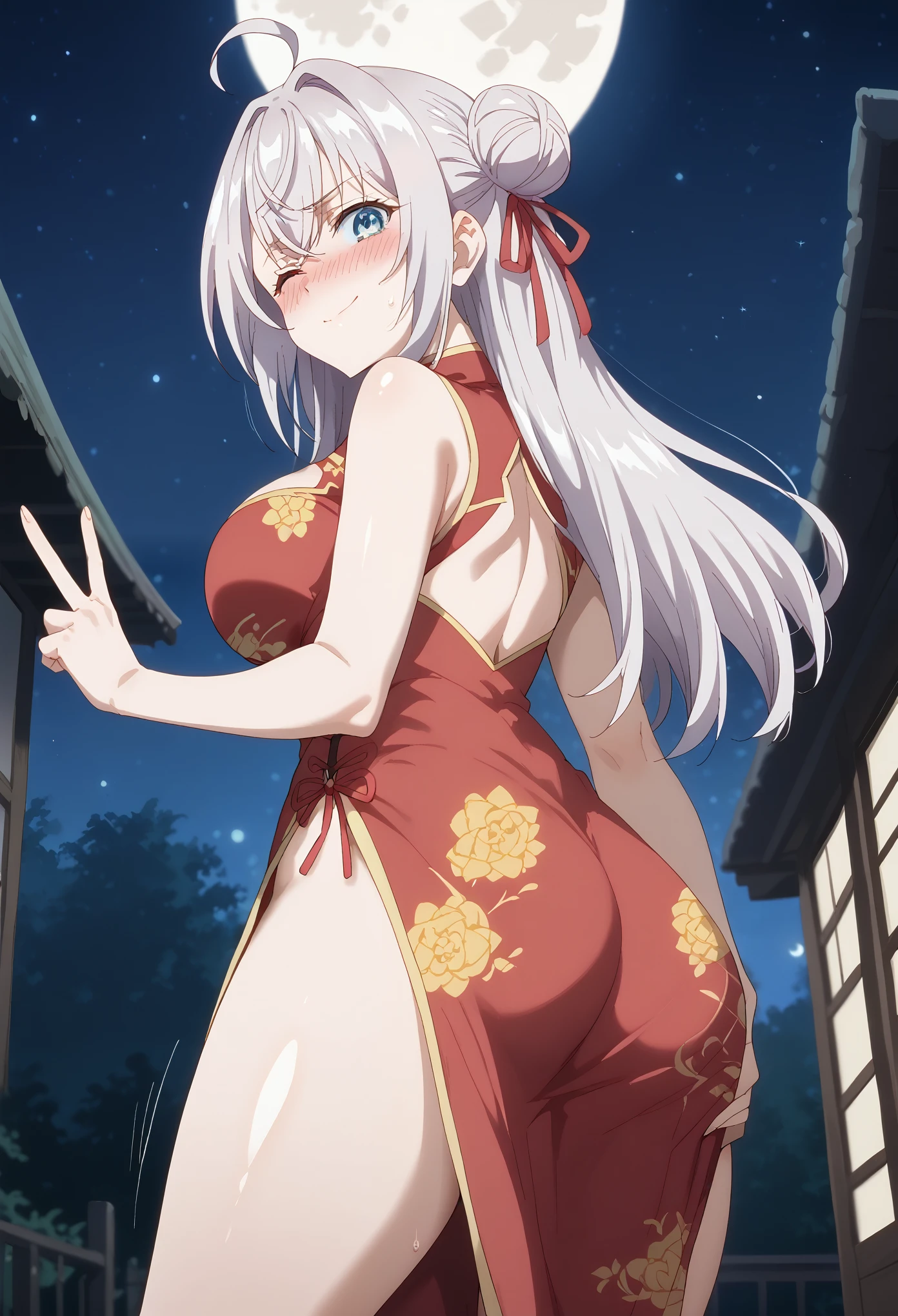 Prompt: score_9, score_8_up, score_7_up, masterpiece, best quality, alisa mikhailovna kujou(Alya Sometimes Hides Her Feelings in Russian), silver hair,1girl,ahoge,blue eyes, blush,breasts, cleavage, collarbone, embarrassed, hair between eyes, hair ribbon, outdoors, large breasts, long hair, pale skin, red ribbon, ribbon, sweat, window, motion lines, shiny skin,solo focus,red qipao dress, floral design, leg slit,red chinese shoes, looking at viewer, embarrassed, double hair bun hairstyle, sexy legs, full body, night time, japanese festival, stars, moon, looking back, look back,peace sign, wink, smile, from below, cowboy shot, motion lines