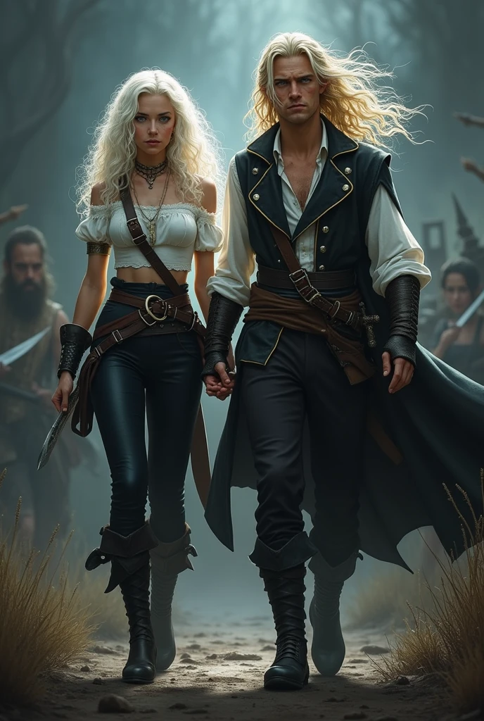 (Das Bild zeigt 2 Menschen), (Das Bild zeigt einen Mann und eine Frau) ä,Der Mann ist Krieger, The woman is a slender beauty, The man is strongly muscular, Mann ist ein Vikinger, Mann, who carries a battle axe, Mann hat einen starken geflochtenen Bart, The body is strewn with tattoos and runes, (die Frau ist Schlank) (The woman wears a small cloth) (die Frau hat lange geflochtene Haare), ((no hats))