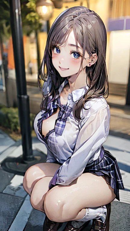 (masterpiece:1.2, Best Quality), (Realistic, photoRealistic:1.4), Beautiful illustrations, (Natural Side Lighting, Cinema Lighting), nsfw, 
Looking at the audience, Cowboy Shot, Front View:0.6, 1 girl, Japanese, High school girl, Perfect Face, Symmetrical cute face, Shiny skin, 
(Mid-length hair:1.6, Straight Hair:1.2, Long Side Lock, Blonde), Parted bangs, blue eyes, Long eyelashes, (Big Boobs:1.1, Captivating thighs), 
Beautiful Hair, Beautiful Face, Fine and beautiful eyes, Beautiful clavicle, Beautiful body, Beautiful breasts, Beautiful thighs, Beautiful legs, 
((High-quality fabric, Long sleeve white collared shirt, Light purple checkered pleated skirt, Light purple checked bow tie, socks)), 
(Beautiful views), evening, Riverside, Squat(Cute Smile, Upward glance), 