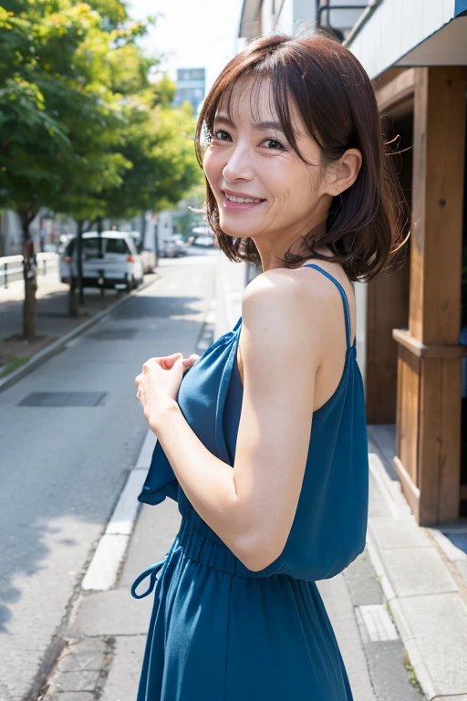 Japanese woman in a park along the Sumida River in Japan、topless:1.7、Nipples are visible:1.6,She is a 25-year-old woman...、Loose, Fluffy short hair and lob hair,Small breasts,Street Snap,Pure Emotions、Beautiful woman、Look at me with a smile、Tokyo Skytree can be seen in the background