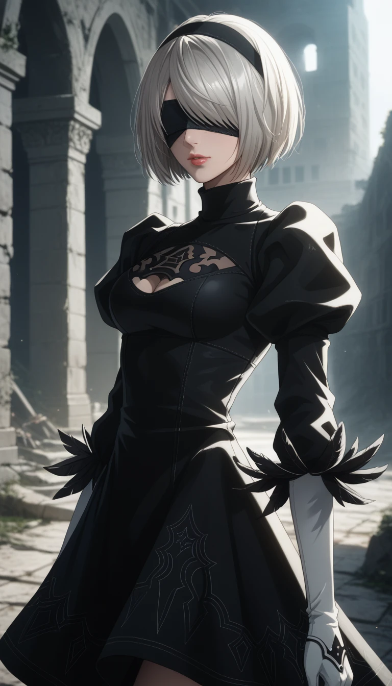 score_9, score_8_up, score_7_up, 32k,masterpiece, highest quality, photo realistic, vibrant colors, chiaroscuro lighting, cinematic lighting,
2B Nier Automata, 
bob cut, gray hair, bangs, blindfold, pink lips,
black goth dress, long sleeve, Juliet sleeve, white gloves, turtleneck, feather ornament, feather ornament sleeves, black leather boots, short sword,
ruins, a ruined world, a devastated battlefield, picturesque, beautiful scenery, fantastic night sky
seductive pose, cinematic angle,