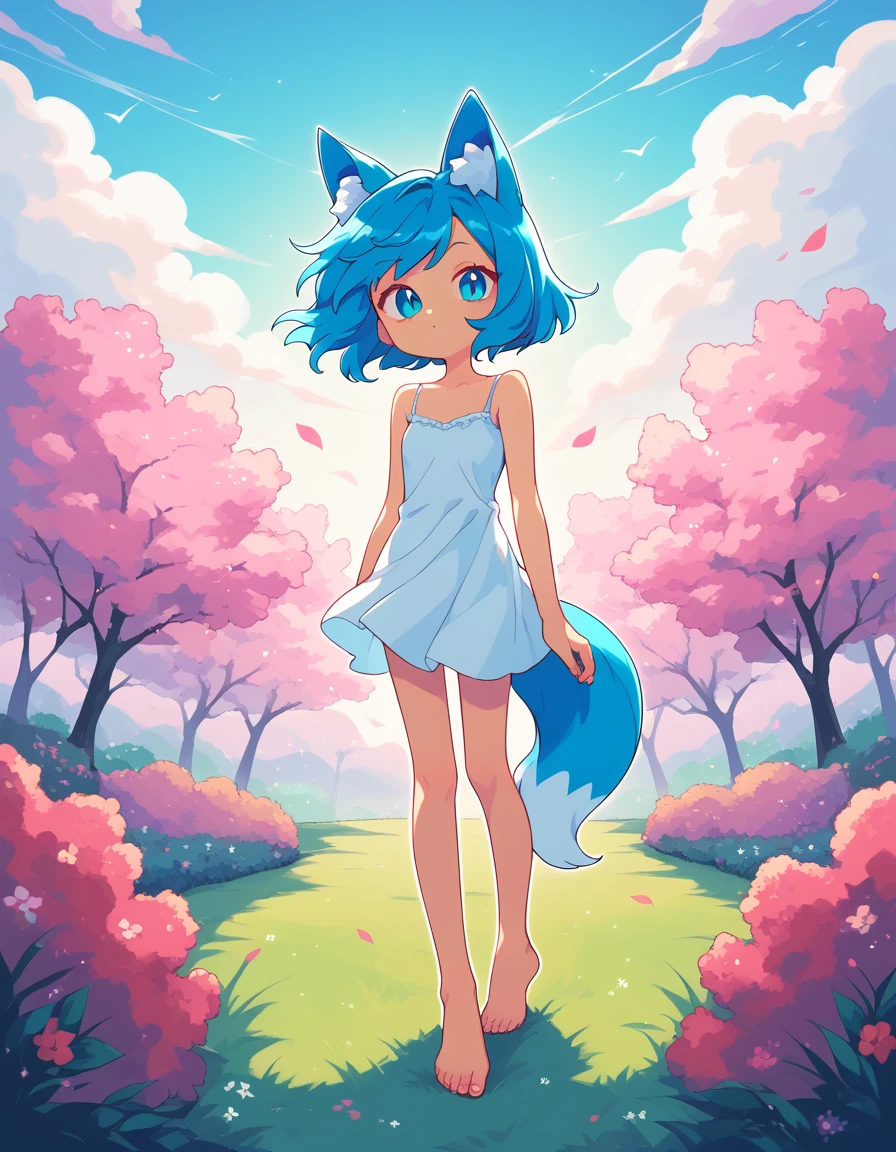 1girl, fox ears, blue hair, barefoot, white camisole, animal ear fluff, standing, full body, floating clothes, wind, garden, slit pupils, limited palette, vibrant, red outline, portrait, looking at viewer, 