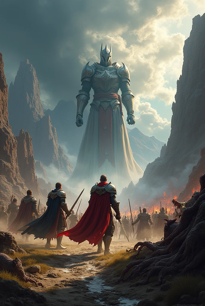 (in a medieval world.
an 18 year old young man ,standing 6 feet tall, weighing 80 ,with very short hair(almost bald).
Wearing a red outfit and a flaming sword.

A 12 year old male elf boy,Blonde hair and green eyes ,wearing a white and green outfit and a bow and arrow.

An elf girl of female gender, brown hair and green eyes, wearing a blue and gold outfit and a battle spear.

The 3 characters above , are fighting a 10 meter tall giant ,wearing white and red armor and a war hammer 