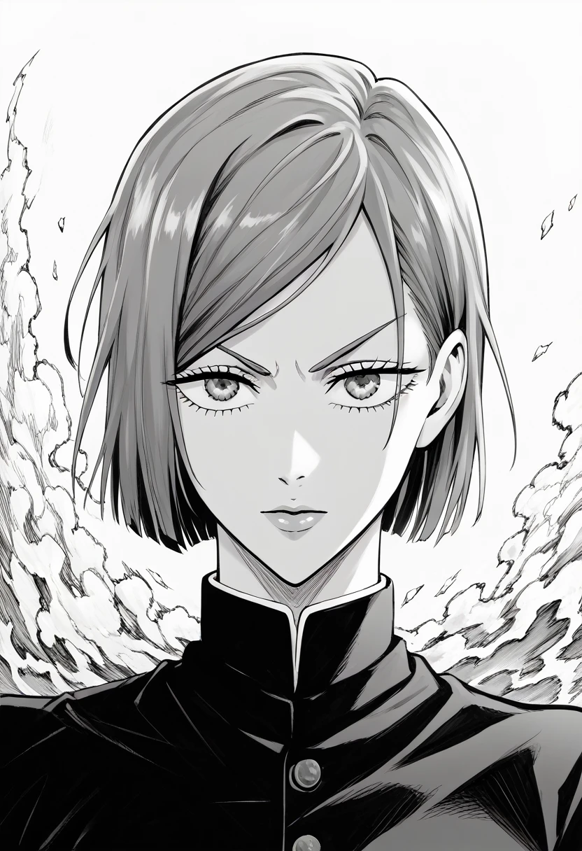 score_9, score_8_up, score_7_up, score_6_up, 1girl. greyscale, nobara kugisaki, bob cut, short hair, manga style, anime aesthetic, expressive faces, bold outlines, detailed background, dynamic pose, seinen style, cross-hatching, high resolution, high quality, ultra detailed, super defined, sharp focus, crisp lines, ultra realistic, perfect lighting, perfect composition, perfect proportions, perfect perspective, perfect colors, perfect mood
