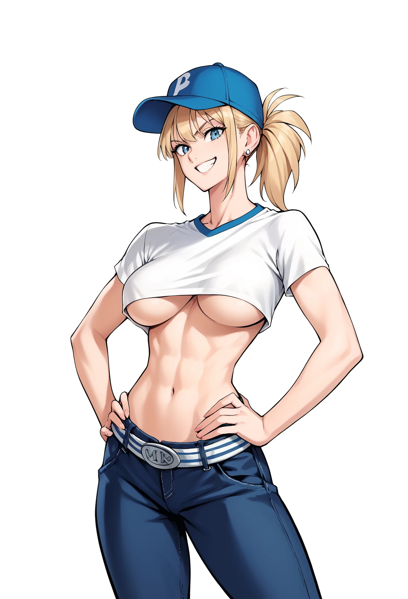 score_9, score_8_up, score_7_up, score_6_up, 1girl. big breasts, pale skin, facing viewer,, pigtail hairstyle, smirk, crop top, underboob, straps. pants, baseball cap, white background, earring, confident, hands on hips, exposed midriff
