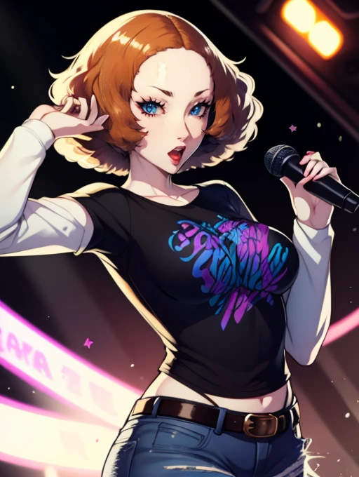 Haru Okumura (Persona),earrings ,lipstick, eye shadow, makeup, 1girl, solo, black t-shirt, white shirt, blue jeans, belt, lipstick, large breasts, layered sleeves, sexy pose, holding a microphone, singing, stage background, earpiece