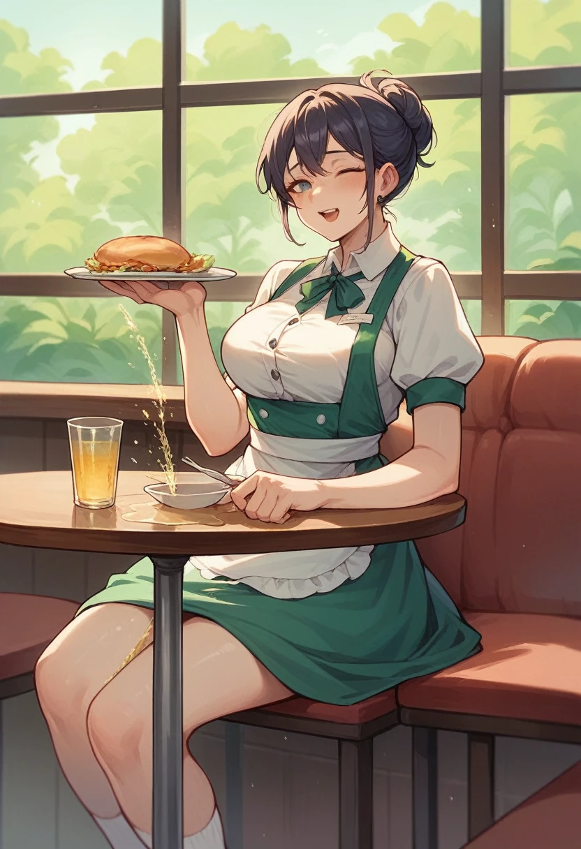 rating_questionable, score_9, score_8_up, (Game cg), (cum eating:1.3), (cum on salad bowl:1.2), best quality, masterpiece, ultra high res, detailed face, ((1 lady)), ((39yo)), (mature), (solo), (Saliva Drooling:1.3), (naughty face), frown, (crossed eyes:1.1), (business suit), (sweaty), (humid:1.3), (thick thighs), (restaurant), sitting,