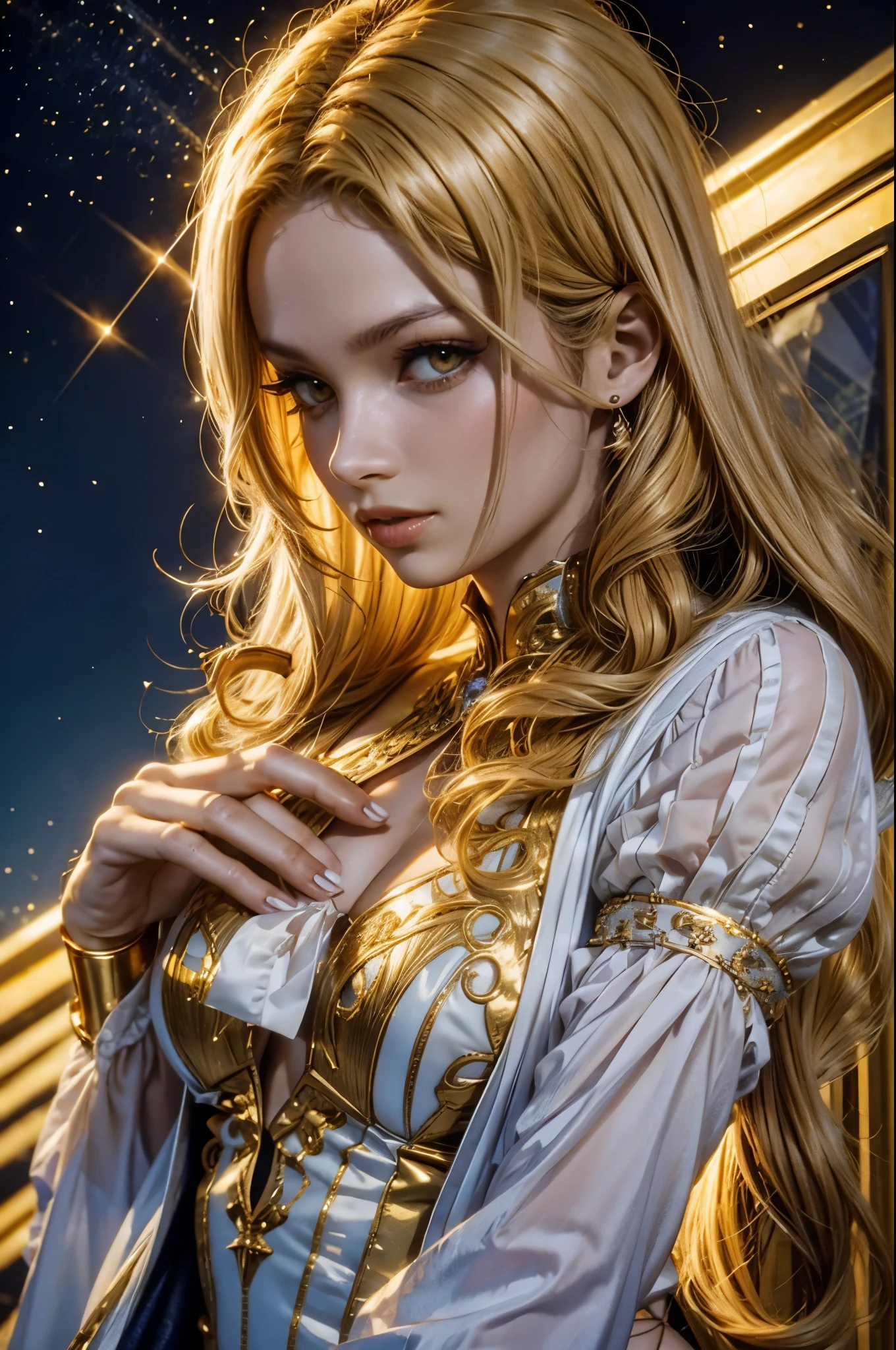 Girl, flowing golden blonde hair, yellow eyes, golden imperial outfit, neckline, anime, the background is a clear sky with twinkling lights, dynamic angle, arrogant laughter