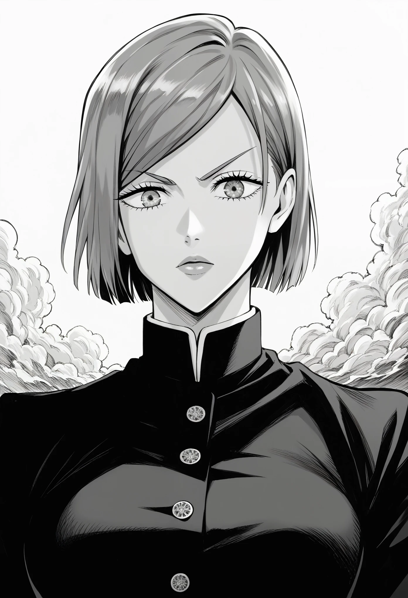 score_9, score_8_up, score_7_up, score_6_up, 1girl. greyscale, nobara kugisaki, bob cut, short hair, manga style, anime aesthetic, expressive faces, bold outlines, detailed background, dynamic pose, seinen style, cross-hatching, high resolution, high quality, ultra detailed, super defined, sharp focus, crisp lines, ultra realistic, perfect lighting, perfect composition, perfect proportions, perfect perspective, perfect mood, shaded with crosshatching, crosshatching details, crosshatching technique 
