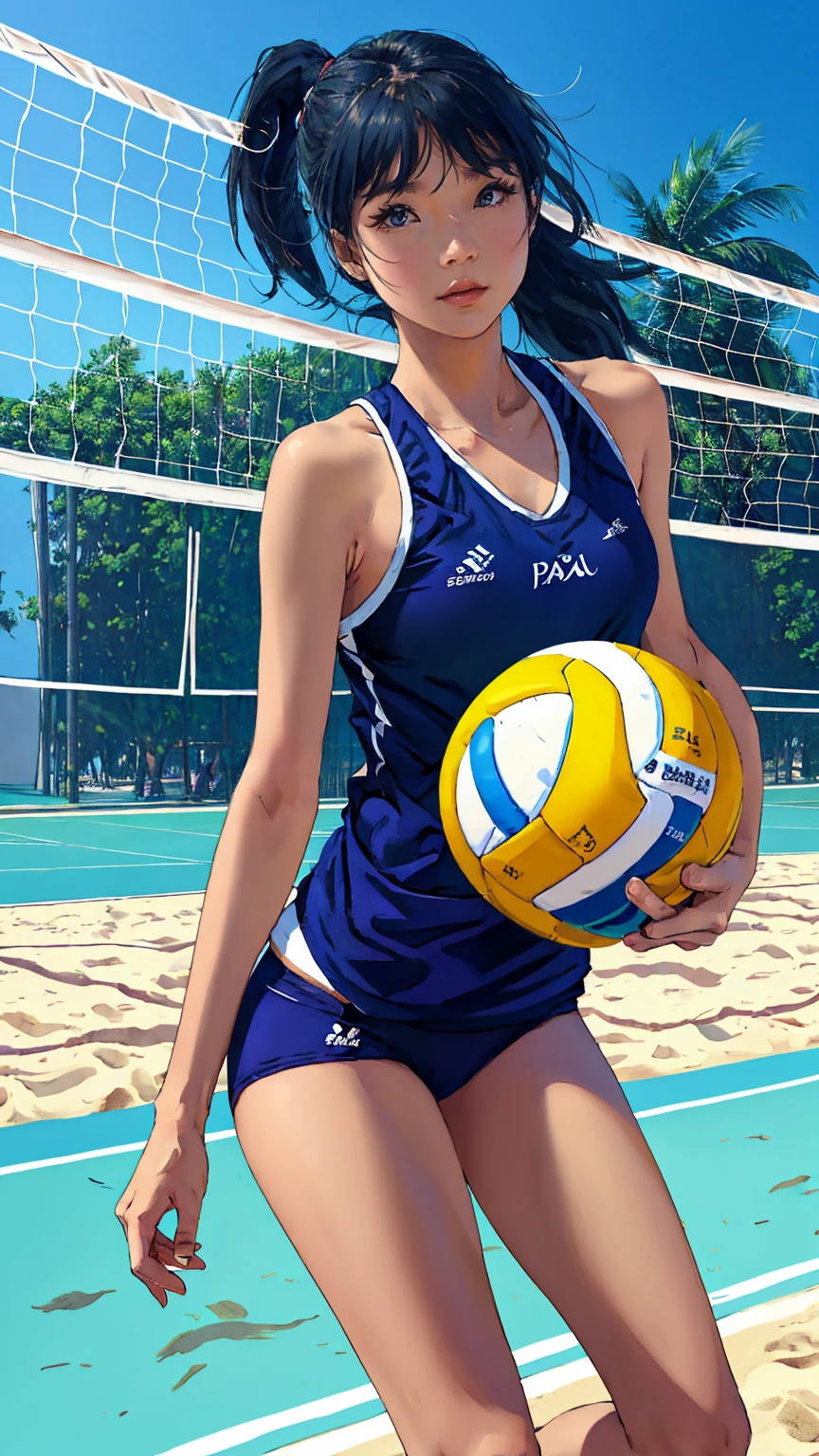inside beach court, (One Woman),(A beach volleyball player falls onto the court chasing the ball:1.5),(Pink beach volleyball high leg bikini:1.3),tight:1.5, (Long Hair:1.3), hair slicked back:1.5,rest(whole body:1.5),(Beautiful Eyes),Eyes on the ball、(Very detailedな顔:1.5),(Very detailedな女性の手:1.5),(Sunburn:1.3),(puffy nipple:1.3),(Muscular:1.1),(Thick thighs:1.5),(Clear blue sky in the background:1.2),(((Blurred Background:1.5))),(Soft lighting:1.5),(Depth of written border:1.5),rest(((masterpiece:1.5),(Highest quality:1.5),(Very detailed:1.5),(High resolution:1.5),(practical:1.5),(practical:1.5))),4K, victory smile,blush:1.1,