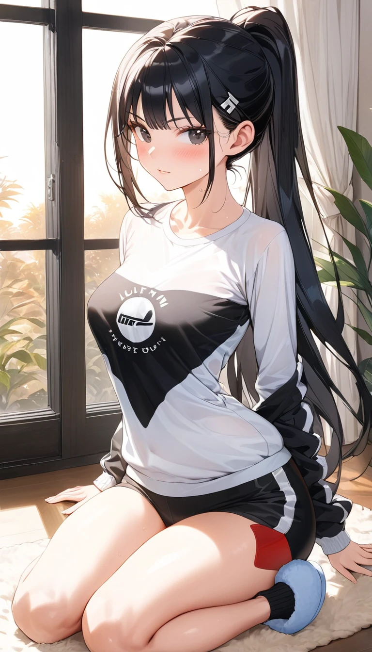 (masterpiece,Highest Quality),(child),((Long white T-shirt,Thin dress)),(A dark-haired,long twintail),Turquoise eyes,sleepy expression,Delicate body