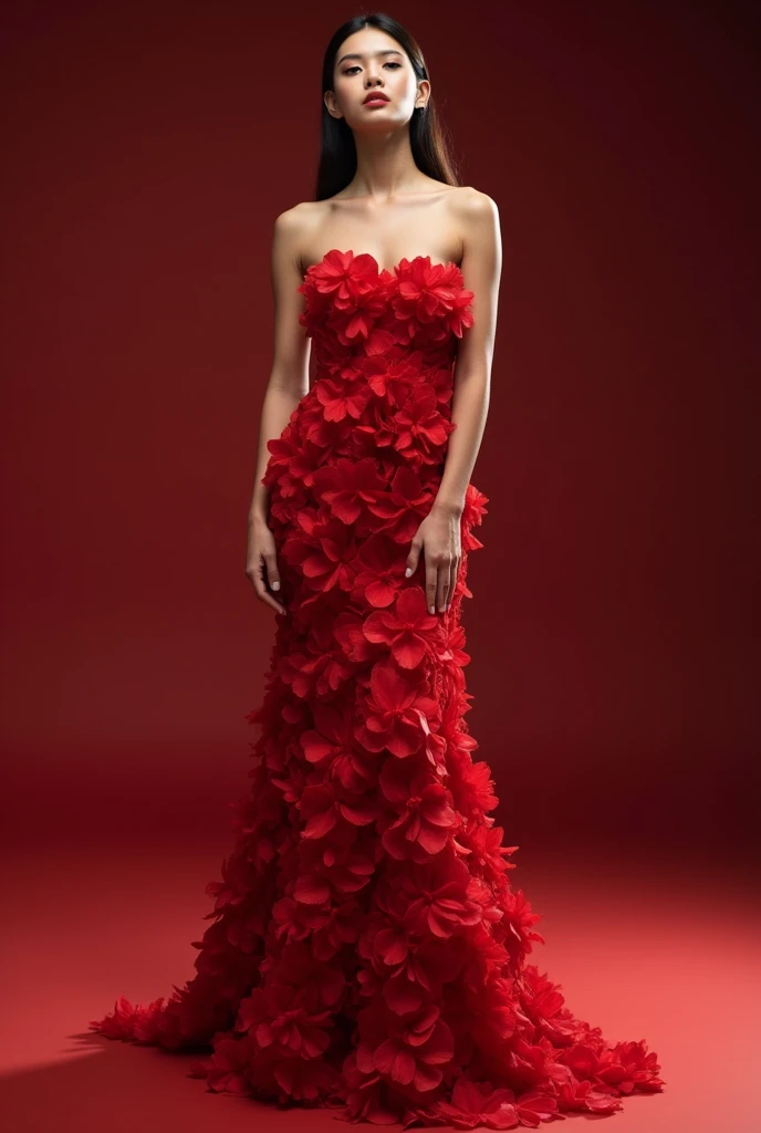 a woman in the translucent red silk gown, full body,black long straight hair, half neked, tiead in satin rope, tied tight,mermaid tight long gown, flowy dramatic long gown, double long satin train ( 4 meter long ),red satin sheet, wear high heels, masterpice, 4k resolution, ultra-realistic, highly detail.