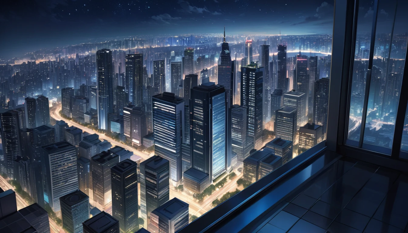 high resolution,High definition,high quality,landscape,realistic,Tall buildings,look up　Overlooking the city from the rooftop at night　Night Sky