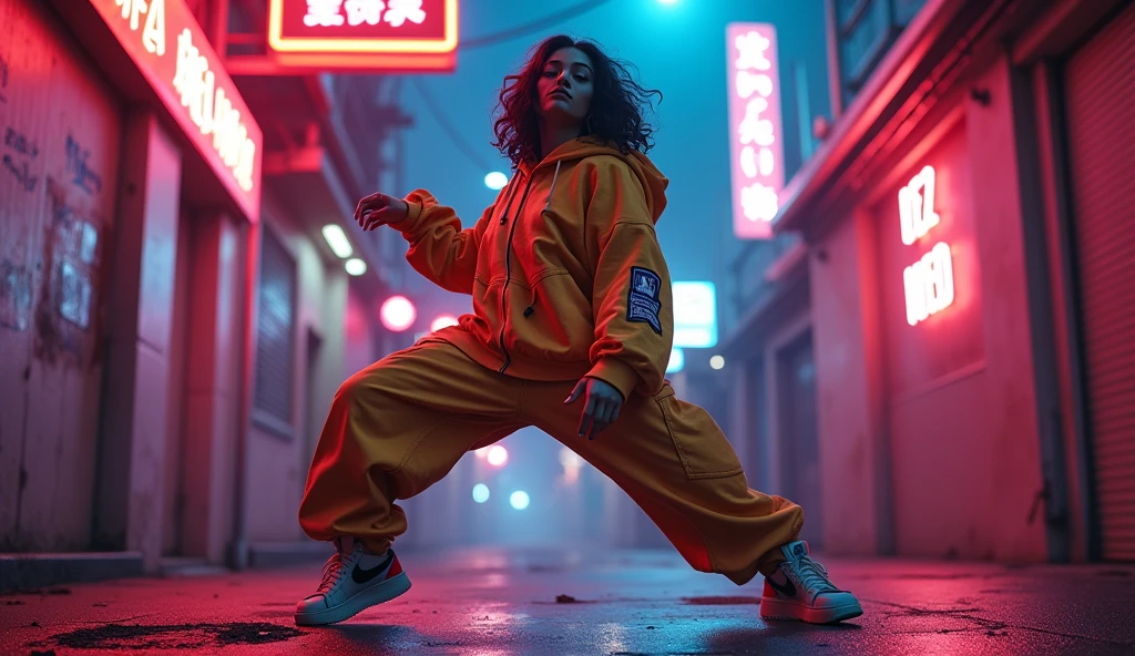1 asian female, streetstyle hiphop fashion, baggy loose clothing, breakdancing, expressive pose, urban allyway environment, neon lights, cinematic lighting,, extremely detailed, photorealistic, 8k, film grain, dynamic composition, high quality, masterpiece