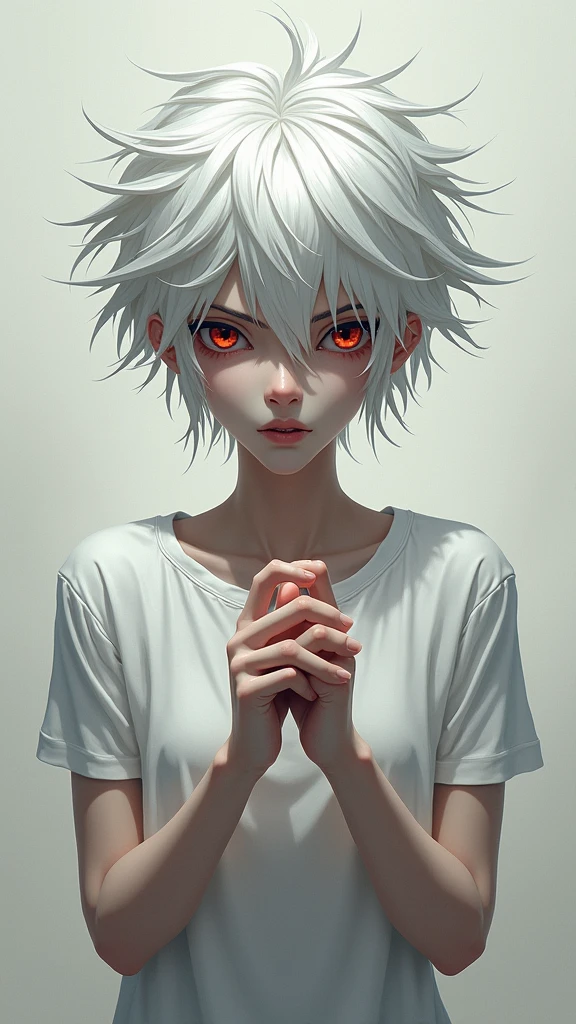 Masterpiece, (Photorealistic: 1.4), Best Quality, Beautiful Lighting, (ulzzang-6500:0.5), Makima \(Chainsaw Man\), (Bob Hair) + (albino woman's face, bathed in warm orange hues, as if lit by the soft glow of a sunset, her eyes sparkling with joy and contentment, platinum blonde hair, heterochromia eyes,) + (Bangs), Yellow Eyes, Golden Eyes, (((Ring-shaped Eyes)), (Silver Shirt), RAW Photography, 8k UHD, Film Grain