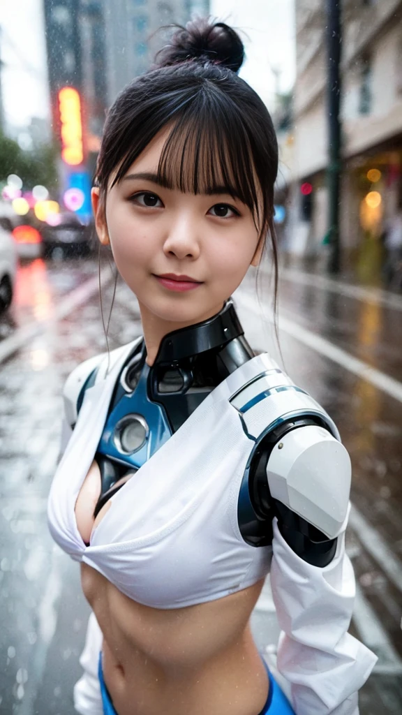 Woman covered in complex white cybernetics, Blue LED light, Combat Uniform, Cleavage, high tech, Ultra-high resolution, 32K, (Bikini Cyborg Robot Parts), (detailed:1.4), Cyberpunk city background, Rainy Street, Beautiful Face, Professional Lighting, masterpiece, So delicate and beautiful, Professional photos, (smile:0.5)