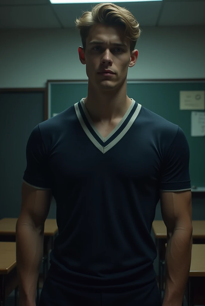 Photo realistic image of handsome muscular hairy white ager at school in tight uniform breaking out