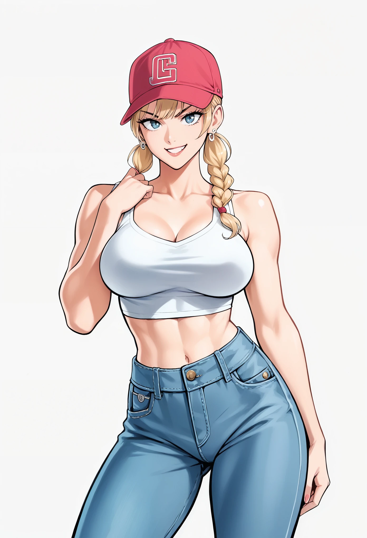 score_9, score_8_up, score_7_up, score_6_up, 1girl. big breasts, pale skin, facing viewer,, pigtail hairstyle, smirk, crop top, straps. pants, baseball cap, white background, earring, confident, high resolution, high quality, ultra detailed, super defined, sharp focus, crisp lines, ultra realistic, perfect lighting, perfect composition, perfect proportions, perfect perspective, perfect colors, perfect mood