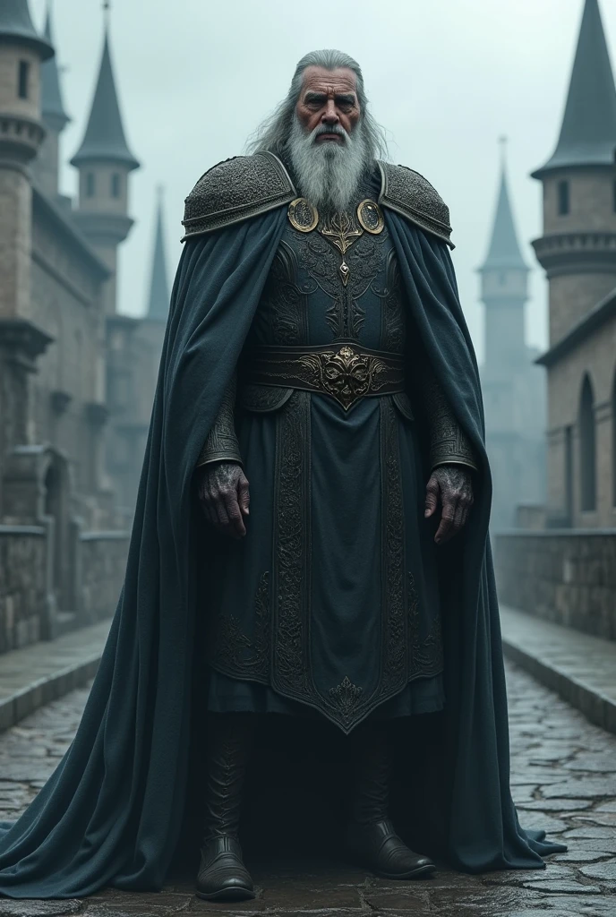 extremely detailed 8k wallpaper), intricate, highly detailed, dramatic, The Dragon Lord wears highly detailed black steel shoulder pads that look like dragon heads and are adorned with shimmering silver trimmings and ornaments, an overlying gray cloak with an extremely beautifully detailed large hood that goes deep drawn into the young bearded face, extremely detailed gray feathered wings with translucent velvety red membranes, insanely realistic graphics, insanely detailed details, ultra realistic and highly detailed heavy black steel armor with lustrous silver glitter detailing on a silver gray tunic, extremely detailed heavy black armor Steel gloves, steel boots with reinforced shiny silver decorations, in a vaulted hall during the leisurely stroll through the somber cathedral on a red velvet carpet, (shown perspective from above) during the passage of a sombre, multi-windowed vaulted passageway through the gleaming light falls,
