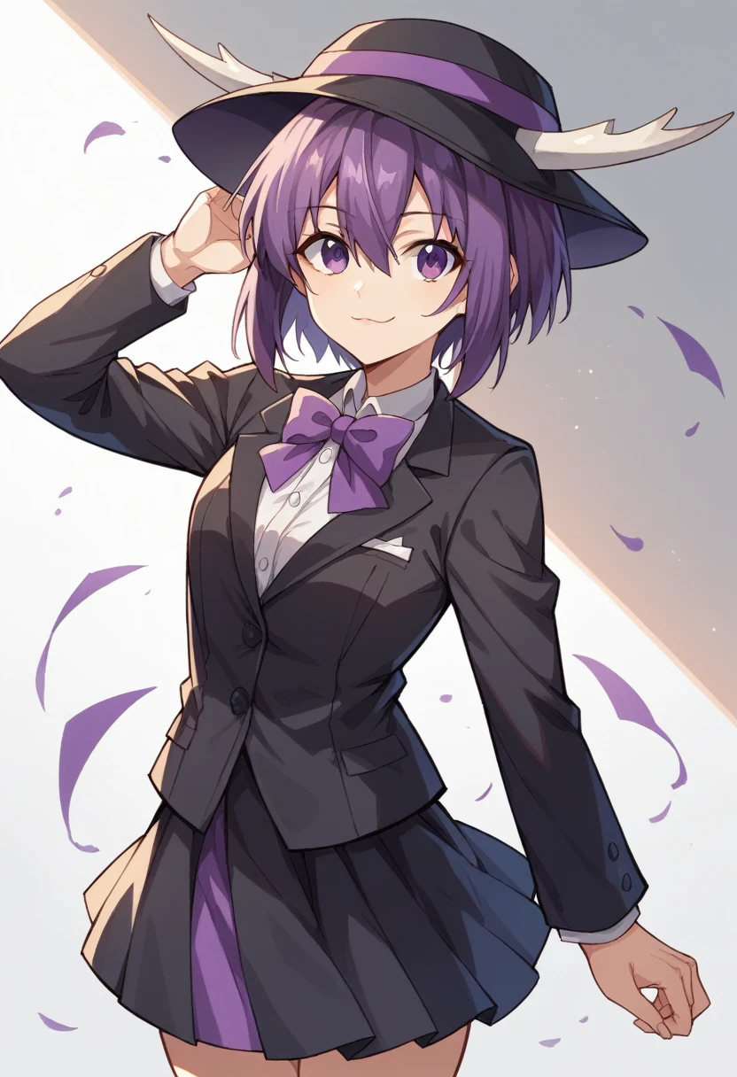 1girl, solo, black hat with purple stripe, black suit, bow on hat, bow tie, purple hair, purple eyes, black skirt, looking at viewer, noko shikanoko, short hair, bangs hair between eyes, horns,smile, cowboy shot,