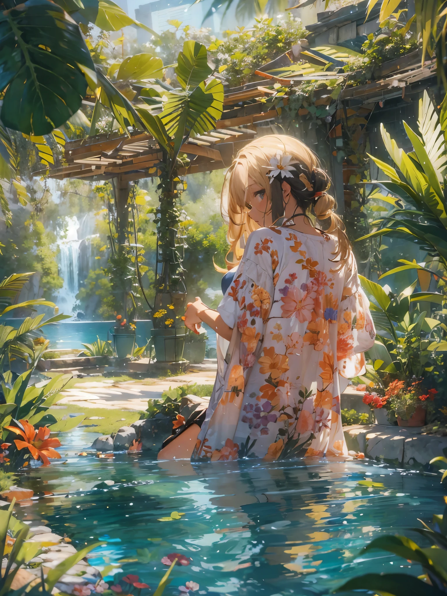 (best quality,4k,8k,highres,masterpiece:1.2),ultra-detailed,realistic, Captured from behind, bright colors, vibrant tones, blonde girl, detailed eyes,detailed lips,long eyelashes,sexy,posing confidently,back view, tropical paradise, lush garden, natural pool, blooming flowers, crystal clear water,scenic beauty,sunlight filtering through the trees, tranquil atmosphere,serene ambiance, prinzzess